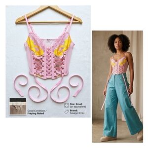 Savage X Fenty Yellow Floral Lace-Up Corset /Bustiet Top - Pink Mesh